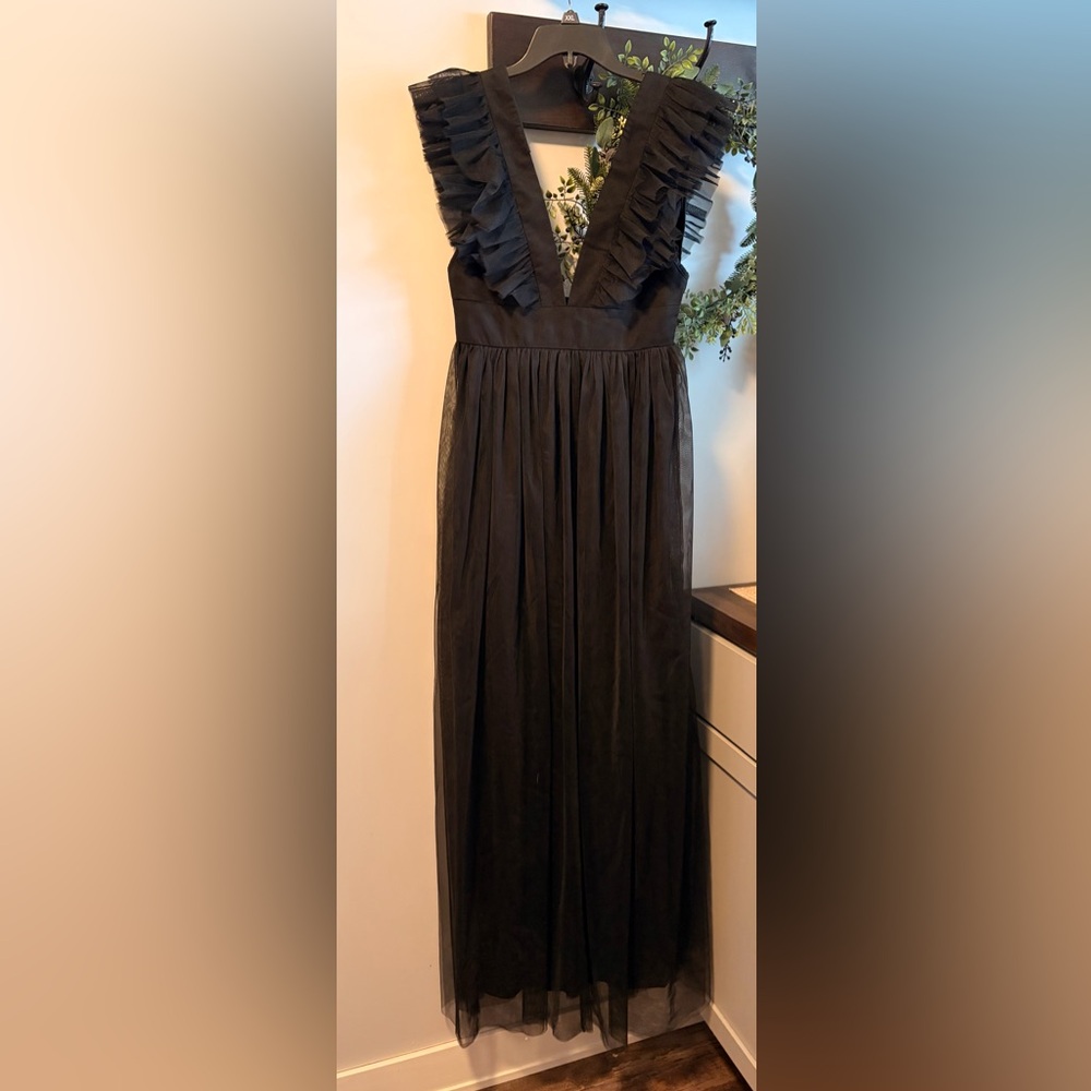 Lulu's Classic Black Deep V Ruffle Tulle Formal Prom Dance Maxi Maxi Dress